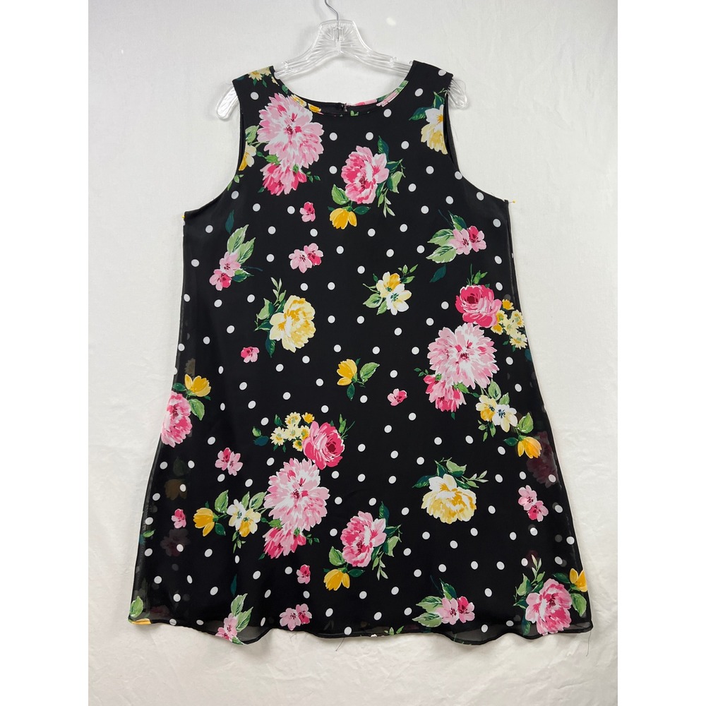JH Floral Polka Dot Dress Women 16 Black Sleeveless Chiffon Shift Flowy Travel
